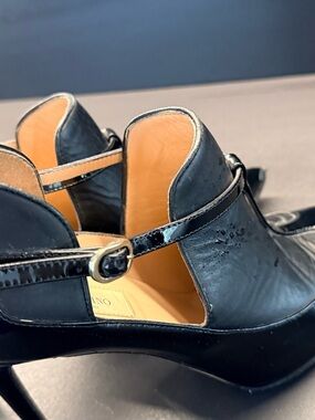 Valentino Black Patent Mary Jane Heeled Pumps with Tan Interior